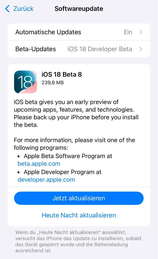 鸡泽苹果手机维修分享苹果 iOS / iPadOS 18 开发者预览版 Beta 8 发布 